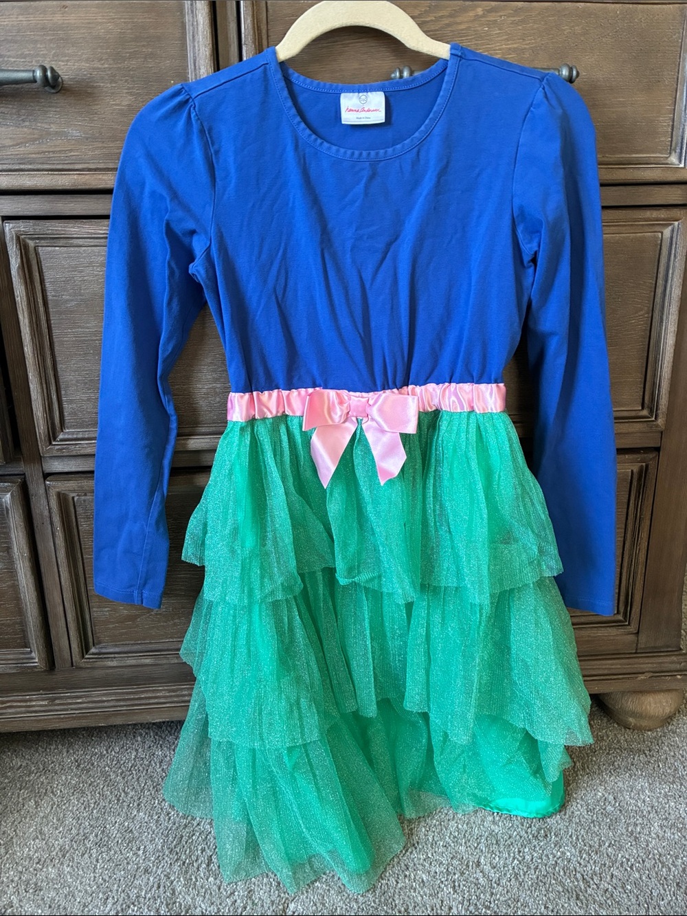 Hanna Andersson Blue Long-Sleeve Dress with Green Tulle Skirt and Pink Bow